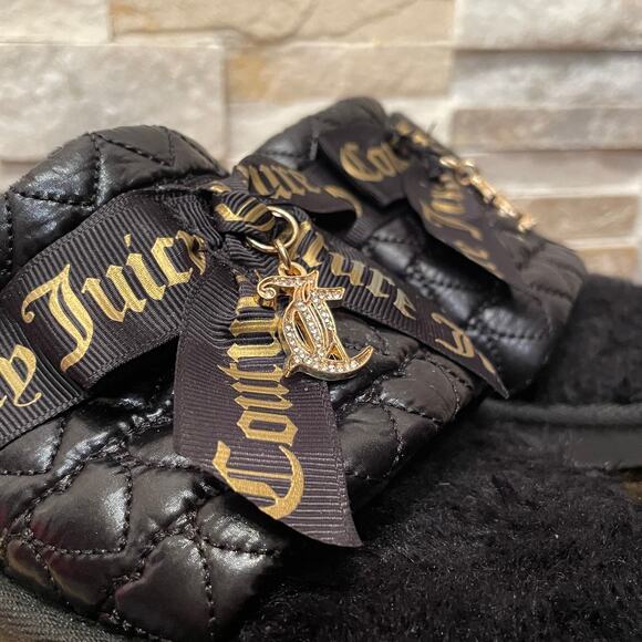 Juicy Couture M Black Faux Fur Slippers | Gold Script Logo, Cozy Y2K Glam - Picture 2 of 8